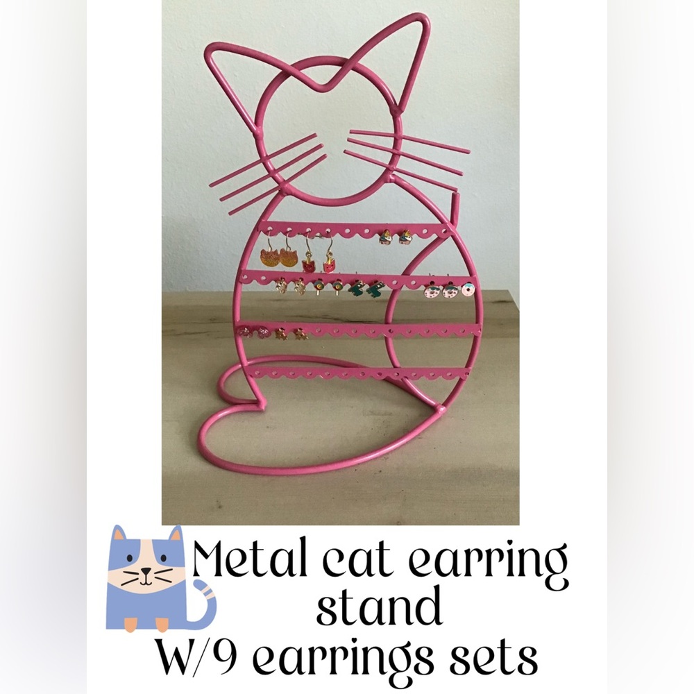 Pink metal rack CAT earring stand  1O”x 6.5” 
Includes 9 earrings